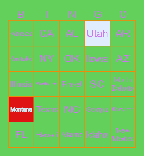 US STATES Bingo Card