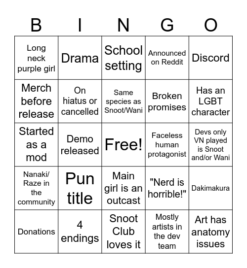 Snoot Fangame Bingo! Bingo Card