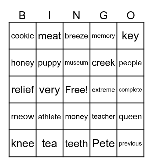Long e: e, e-e, ee, ea, y, ei, ie, ey Bingo Card