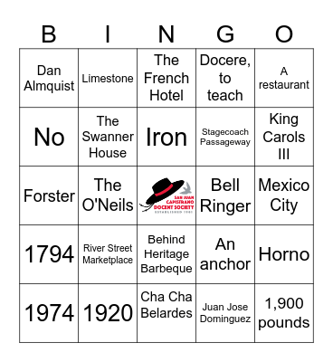 San Juan Capistrano Docent Society 2025 Bingo Card