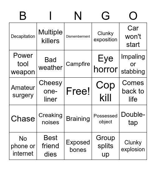 Horror Movie Club Bingo Card