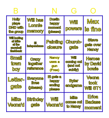 Stranger Things Season 5 (a lot of Byler, sorry) Bingo Card
