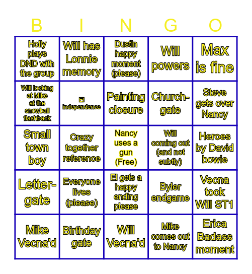 Stranger Things Season 5 (a lot of Byler, sorry) Bingo Card