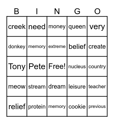 Long e: e, e-e, ee, ea, y, ei, ie, ey Bingo Card
