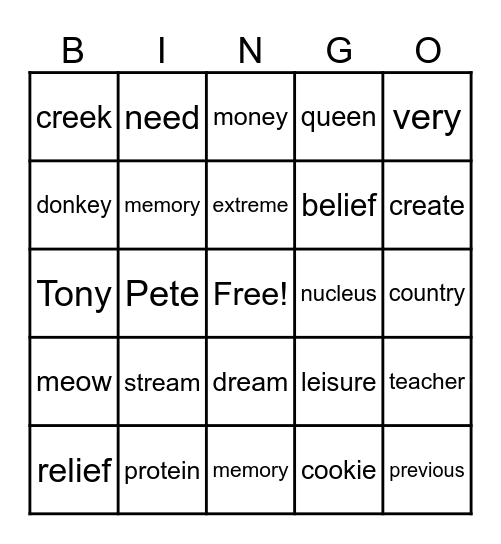 Long e: e, e-e, ee, ea, y, ei, ie, ey Bingo Card