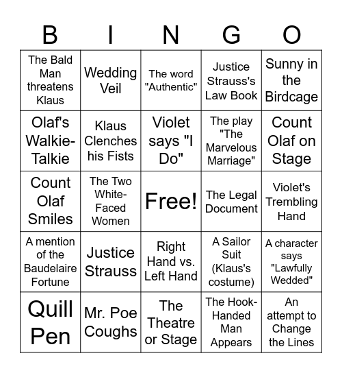 The Bad Beginning Chapter 12 Bingo Card
