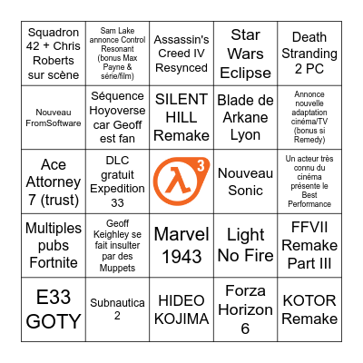 The Game Awards 2025 Bingo Card