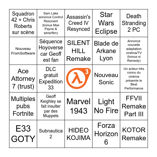 The Game Awards 2025 Bingo Card