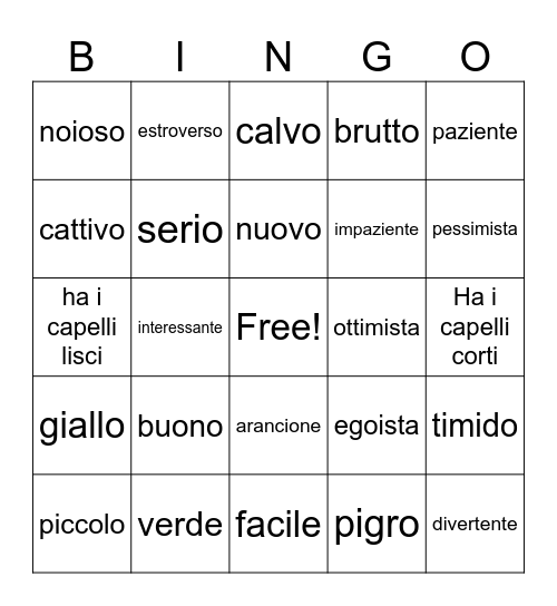 Gli aggettivi Bingo Card