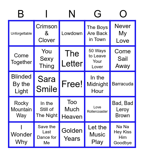 MUSIC BINGO at the Eagles:  50s, 60s, 70s Nostalgia Bomb #1!  What a time for music!🎶🎸🎤 Bingo Card