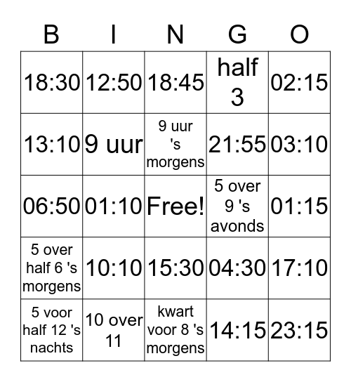 Tijd Bingo Card