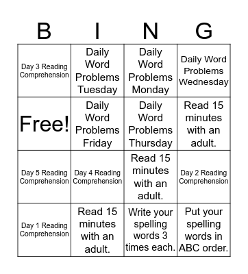 Homework Bingo- Group 1 (12/5) Bingo Card