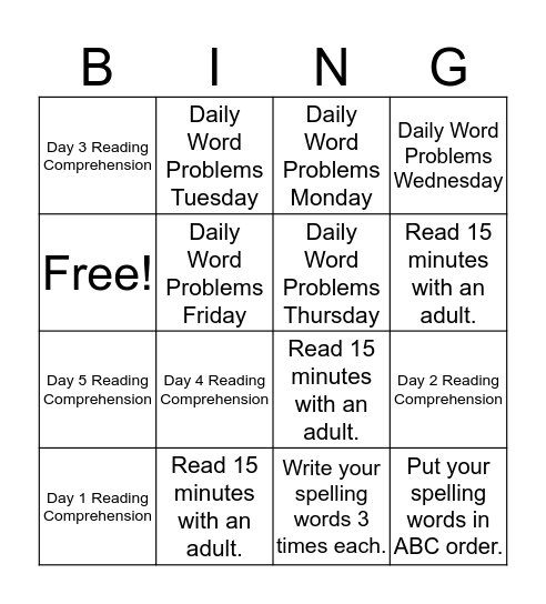 Homework Bingo- Group 1 (12/5) Bingo Card