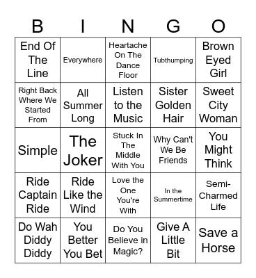 Feel Good Songs Bingo Card