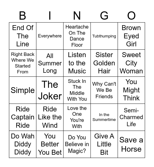 Feel Good Songs Bingo Card