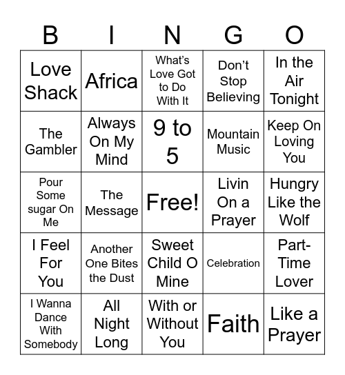 80s Music Bingo Card