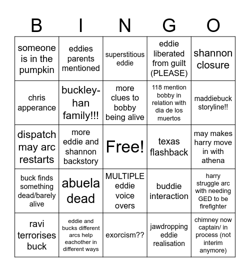 9x05 9-1-1 Bingo Card