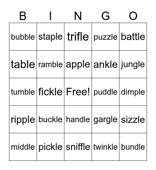 c+le Words Bingo Card