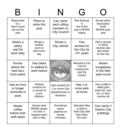 Department of Public Works BINGO Card