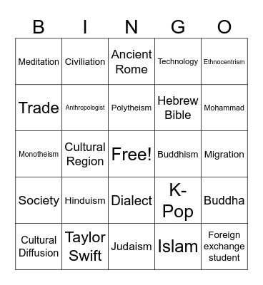 World Cultures and Religions Bingo Card