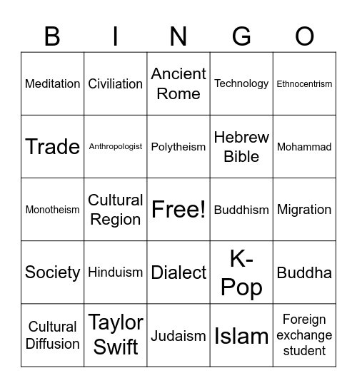 World Cultures and Religions Bingo Card