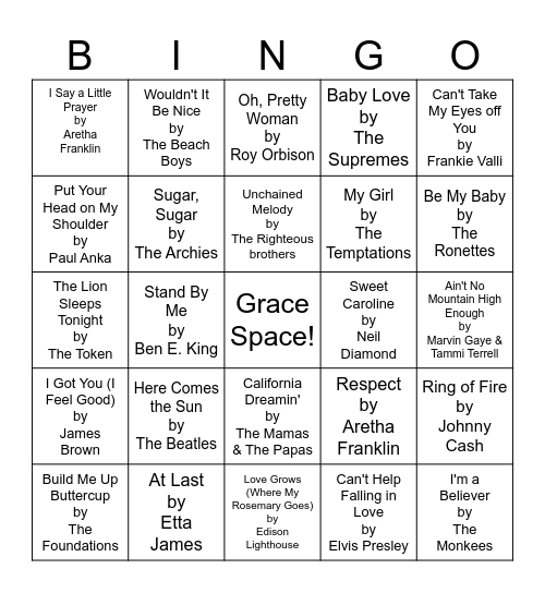 1960's Music Bingo Card