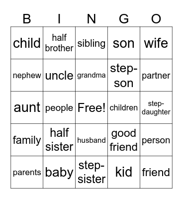 Family and Friends Bingo Card