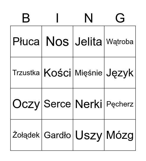 Narządy Bingo Card