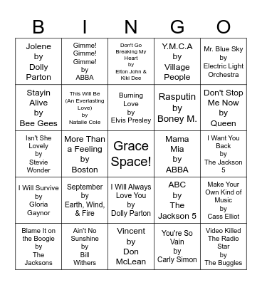 1970's Music Bingo Card