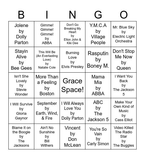 1970's Music Bingo Card