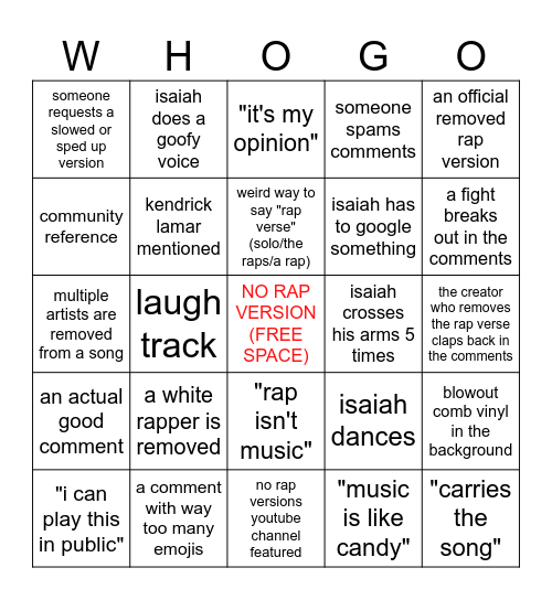 who is isaiah? - removed rap bingo! 1.0 Bingo Card