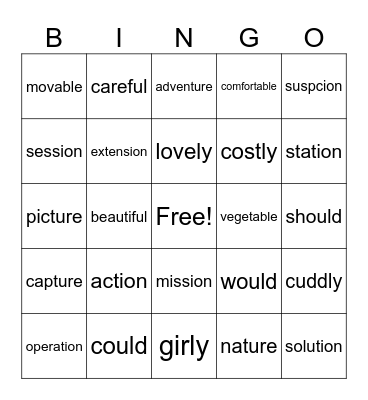 Syllable Sound Groups Bingo Card