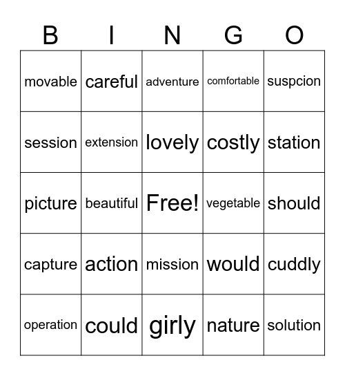 Syllable Sound Groups Bingo Card
