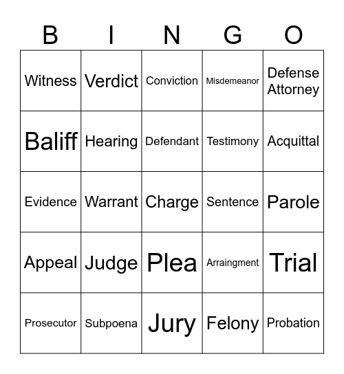 Legal Vocabulary Bingo Card
