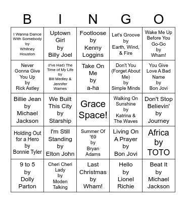 1980's Music Bingo Card