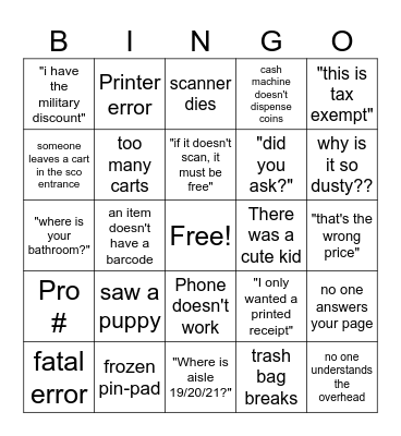 Cashiering Bingo Card