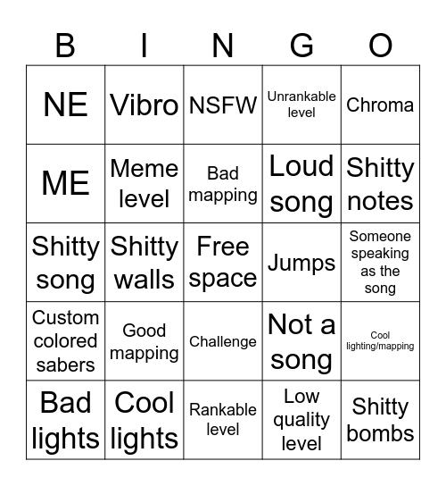 Beat Saber Bingo Card