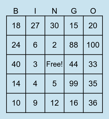 Multiplication Bingo Card