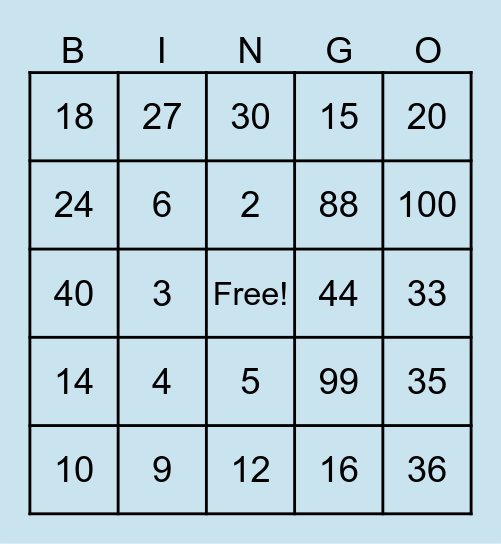 Multiplication Bingo Card