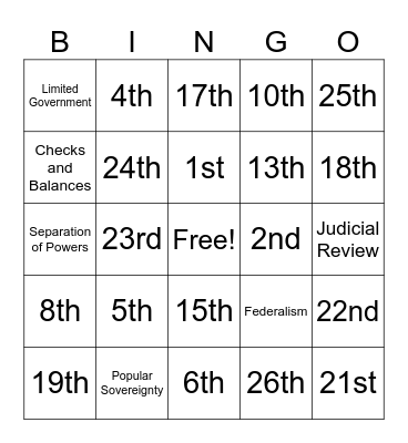 Constitution and Amendment Review Bingo Card