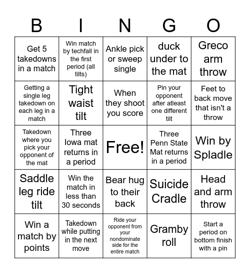 Middle School Wrestling Level 2 Bingo Card