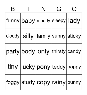 Words Ending With Y Bingo Card