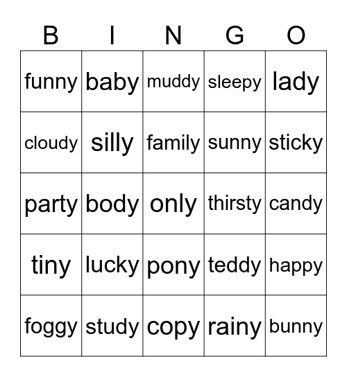 Words Ending With Y Bingo Card