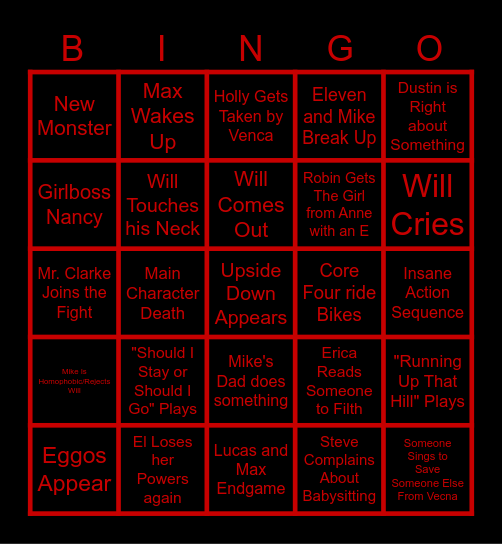 STRANGER THINGS 5 Bingo Card