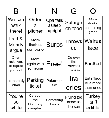 Gibbs Thanksgiving Beach Bingo Card