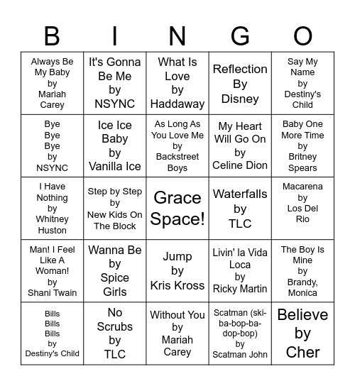 1990's Music Bingo Card