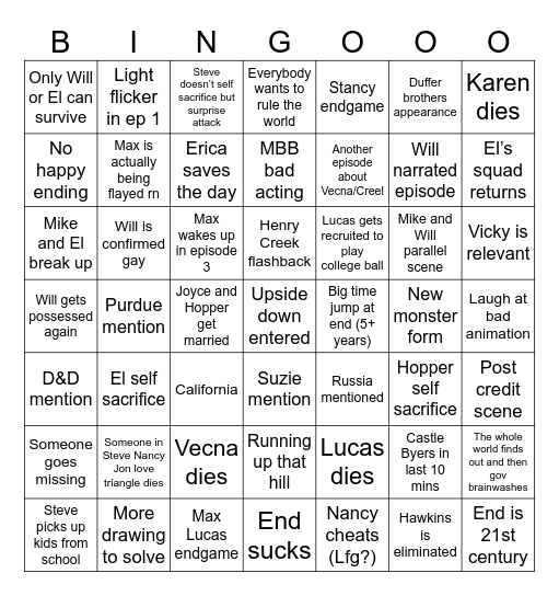 Stranger Things 5 Bingo Card