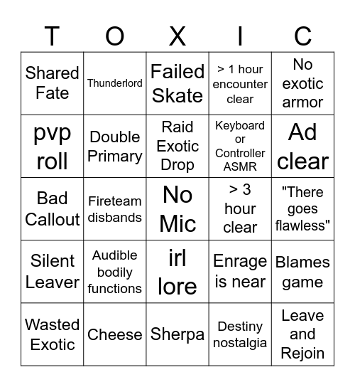 Destiny 2 Raid LFG Bingo Card