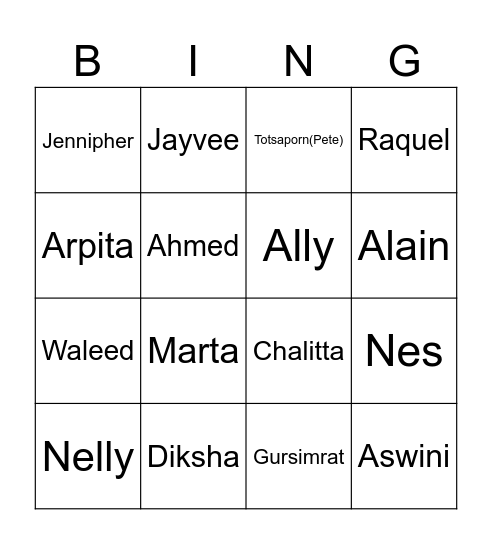 TA ROW Bingo Card