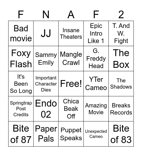 FNAF 2 MOVIE BINGO! Bingo Card
